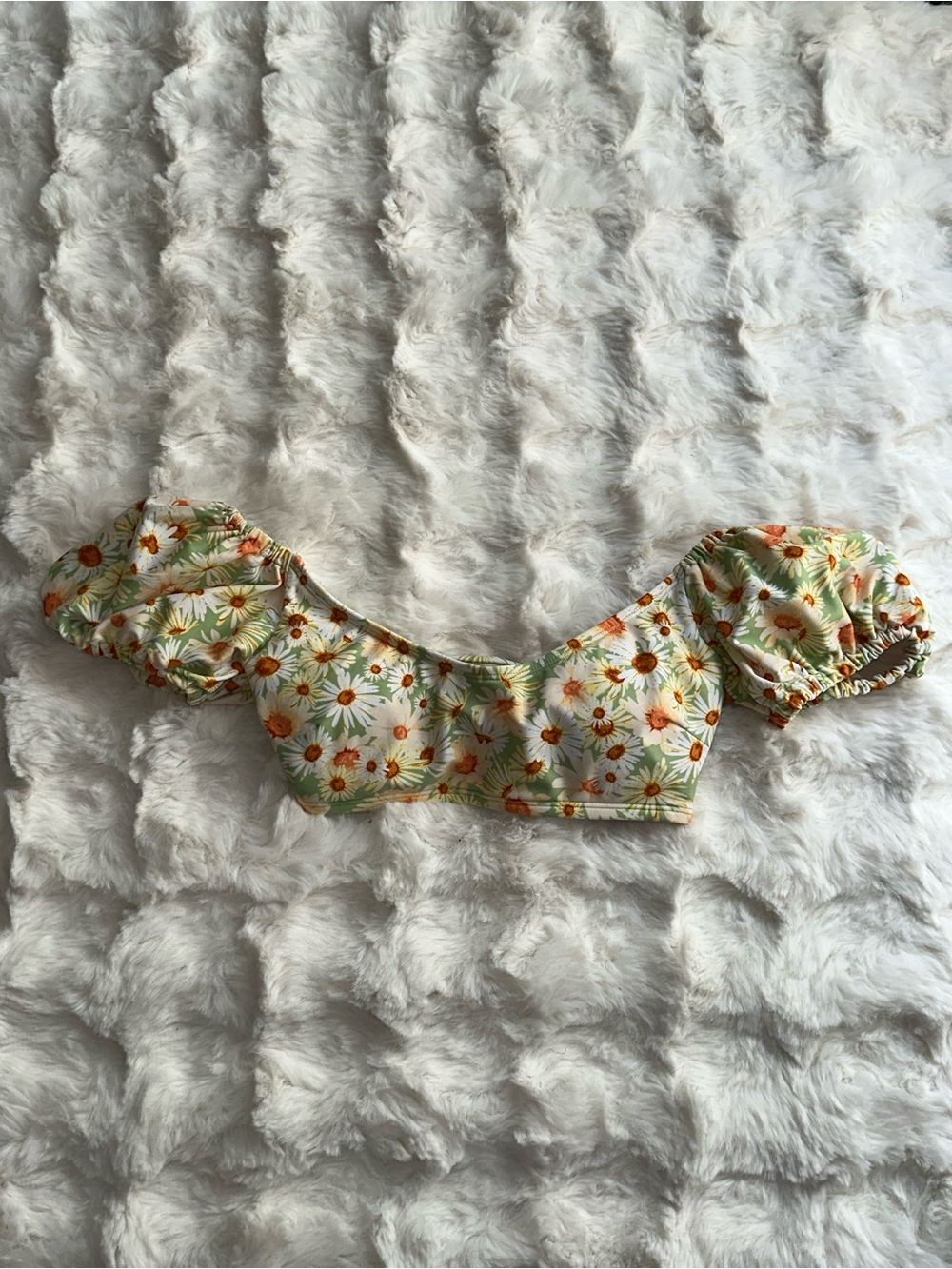 Women’s Swim Daisy Floral Print Puff Sleeve Essential Pool Top - Green & Orange